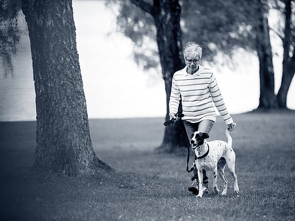 Frau spaziert mit ihrem Hund an einem See