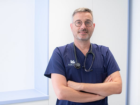 Eine Person, die ein Stethoskop um den Hals trägt.