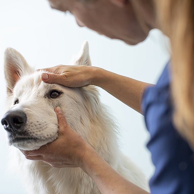 Eine Person, die einen Hund streichelt.