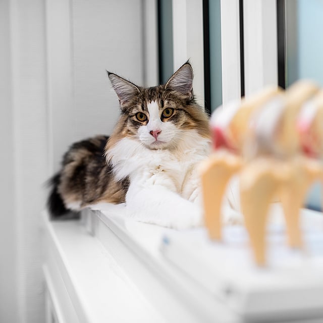 Eine Katze, die auf einem Fensterbrett liegt.