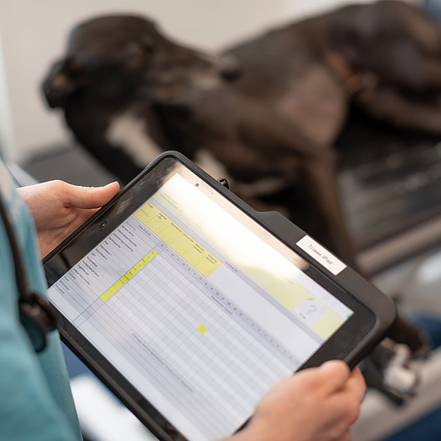 A person holding a tablet.