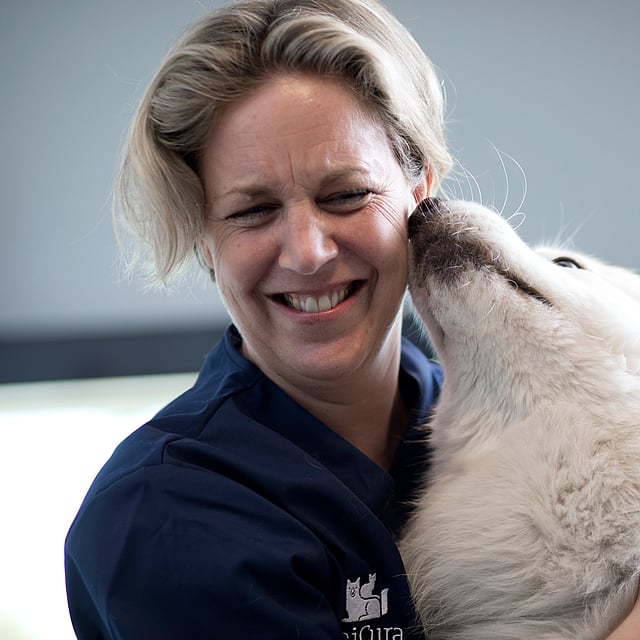 A person holding a dog.