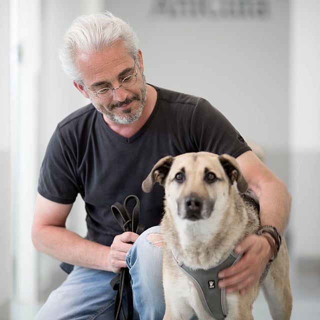 Eine Person mit einem Hund.