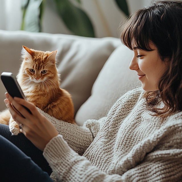 Eine Person, die mit einer Katze auf einer Couch sitzt und auf ein Telefon schaut.