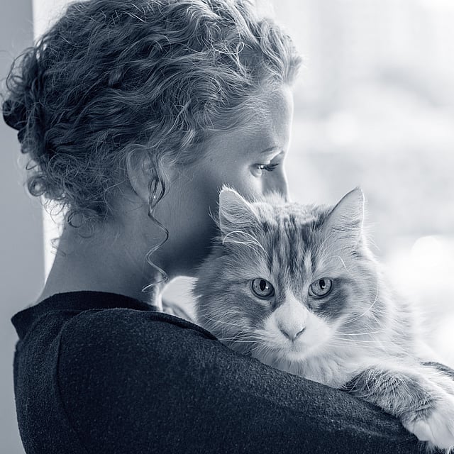 Eine Person, die eine Katze hält.