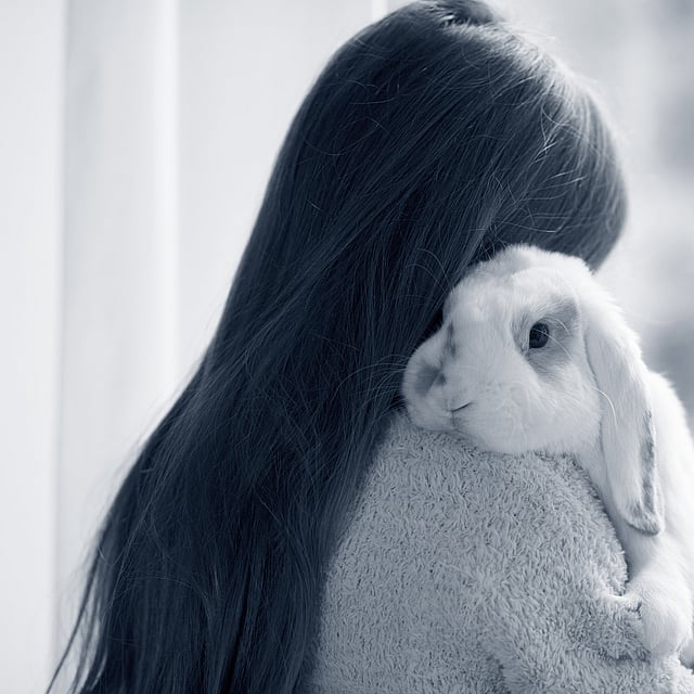 Eine Person, die ein Kaninchen umarmt.