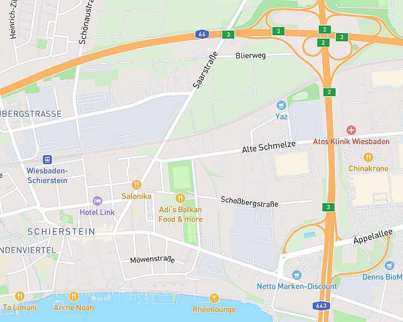Eine Karte, die den Standort von AniCura Wiesbaden Schierstein zeigt