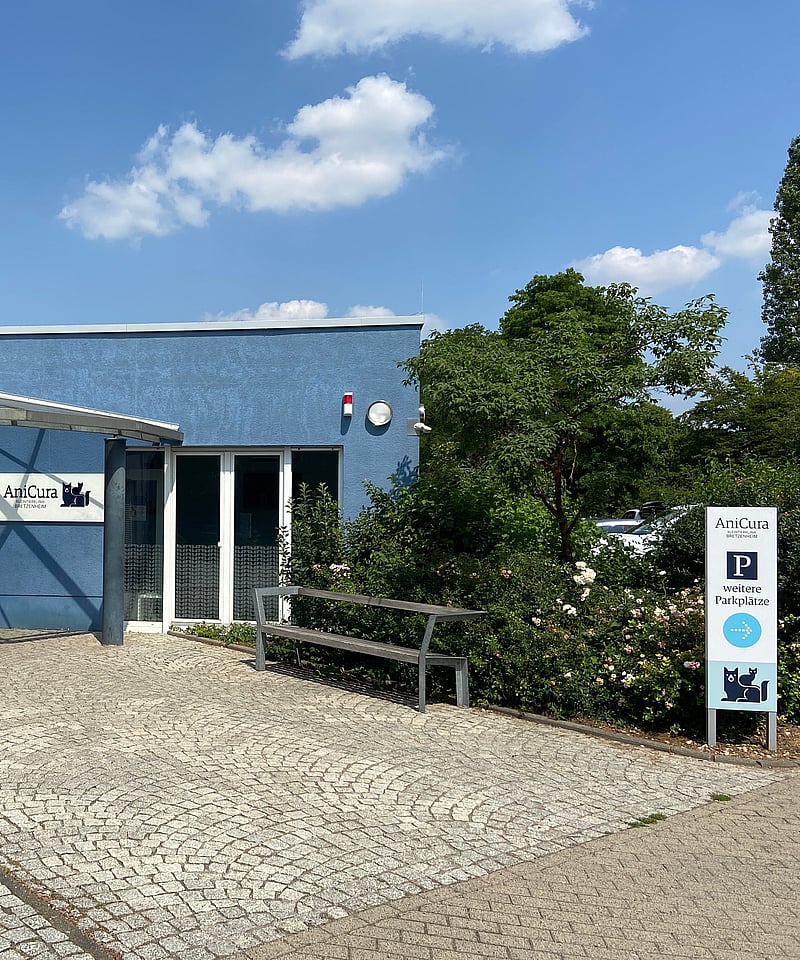 Ein Gebäude mit einer blauen Wand und einer Bank.