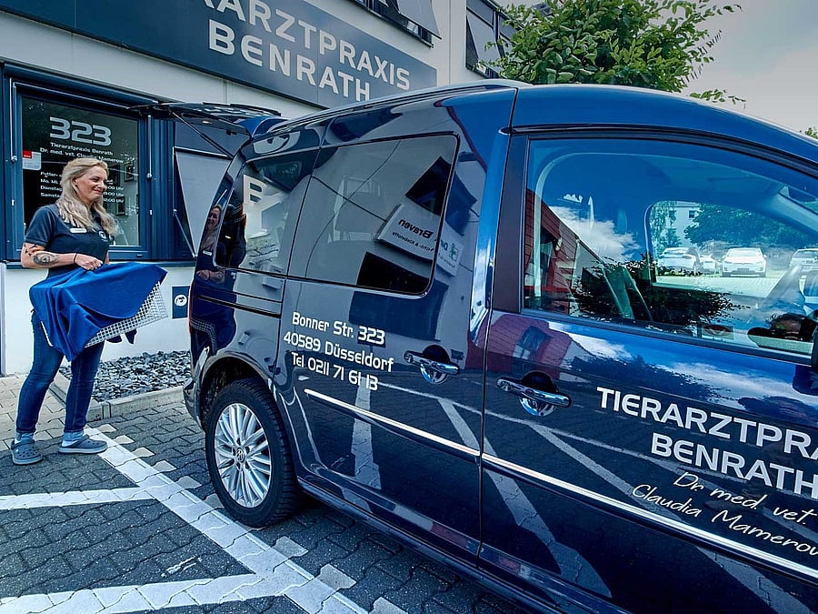 Eine Tierpflegerin bringt einen Käfig in das Auto der Tierarztpraxis Benrath.