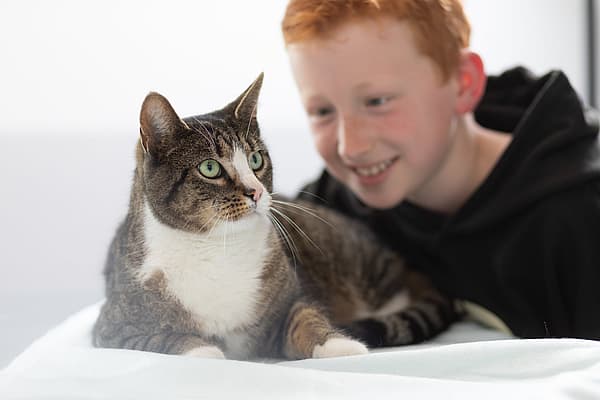 Ein Kind und eine Katze.