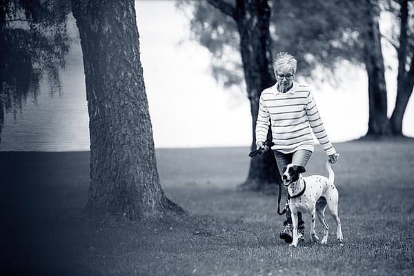 Frau spaziert mit ihrem Hund an einem See