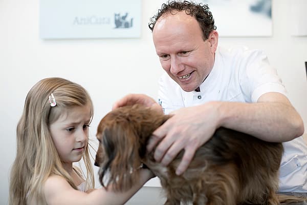 Eine Person und ein Kind, die einen Hund streicheln.
