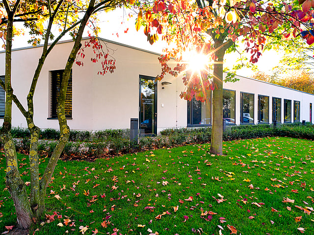 Eine Tierärztin lächelt einen schwarzen Labrador an und krault ihn dabei, während eine andere Frau zuschaut.