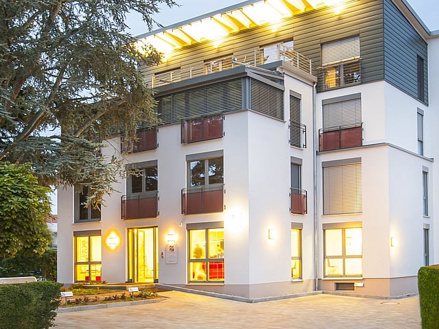 Ein Tierarzt hört eine weiße Katze mit einem Stethoskop ab. Neben ihm steht ihre Besitzerin.