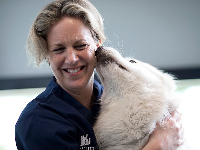Eine Tierärztin hält neben sich einen weißen Hund im Arm. Sie lacht in die Kamera, während er an ihrem Gesicht riecht.