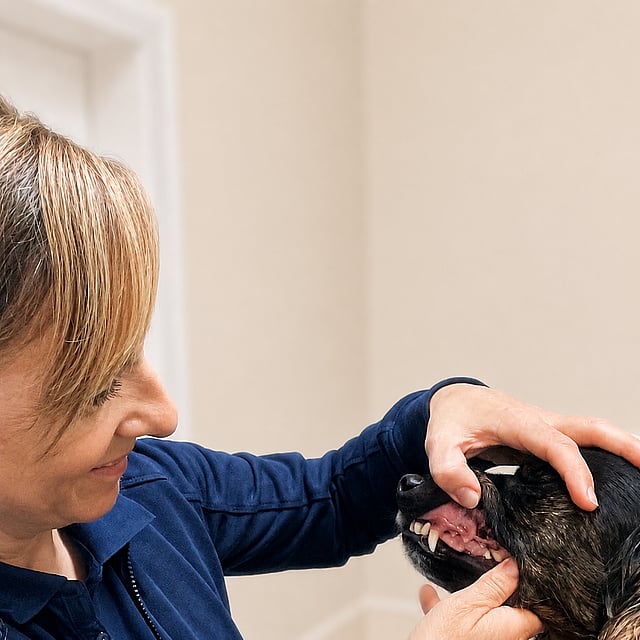 Tierarzt untersucht grau-weiße Hauskatze in Tierarztpraxis