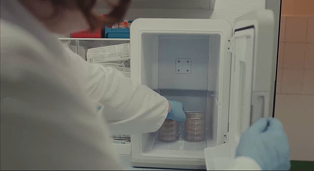 Eine Person, die Behälter in einen kleinen Kühlschrank stellt.